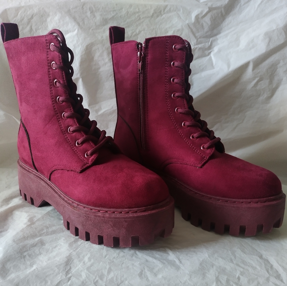 Rouge Broadway Helium Boots Burgundy Combat Zip Lace Ankle Lift 9 Faux Suede